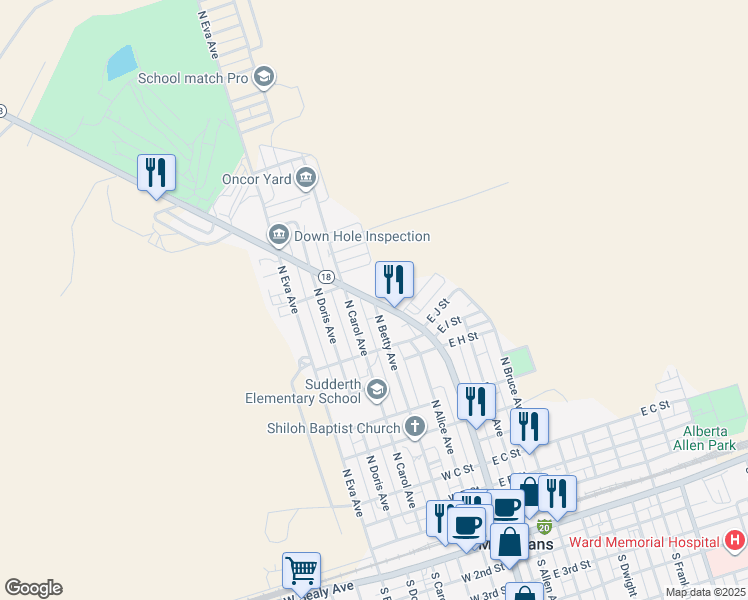 map of restaurants, bars, coffee shops, grocery stores, and more near 999 North Betty Avenue in Monahans