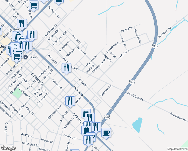 map of restaurants, bars, coffee shops, grocery stores, and more near 530 North Mahogany Street in Jesup