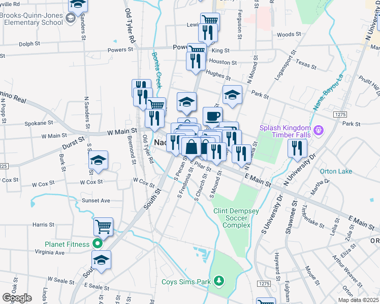 map of restaurants, bars, coffee shops, grocery stores, and more near 205 East Main Street in Nacogdoches