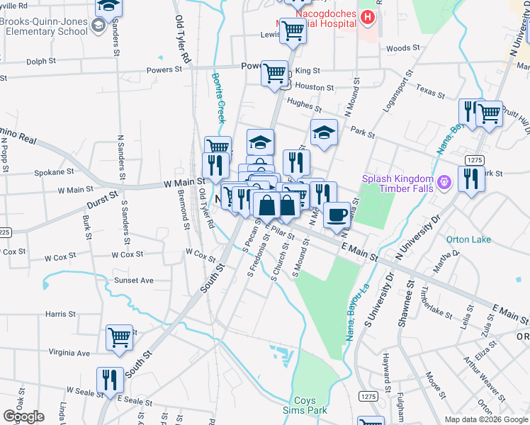 map of restaurants, bars, coffee shops, grocery stores, and more near in Nacogdoches
