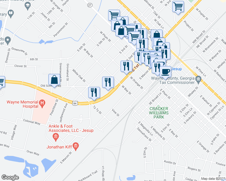 map of restaurants, bars, coffee shops, grocery stores, and more near 700 S 1st St in Jesup