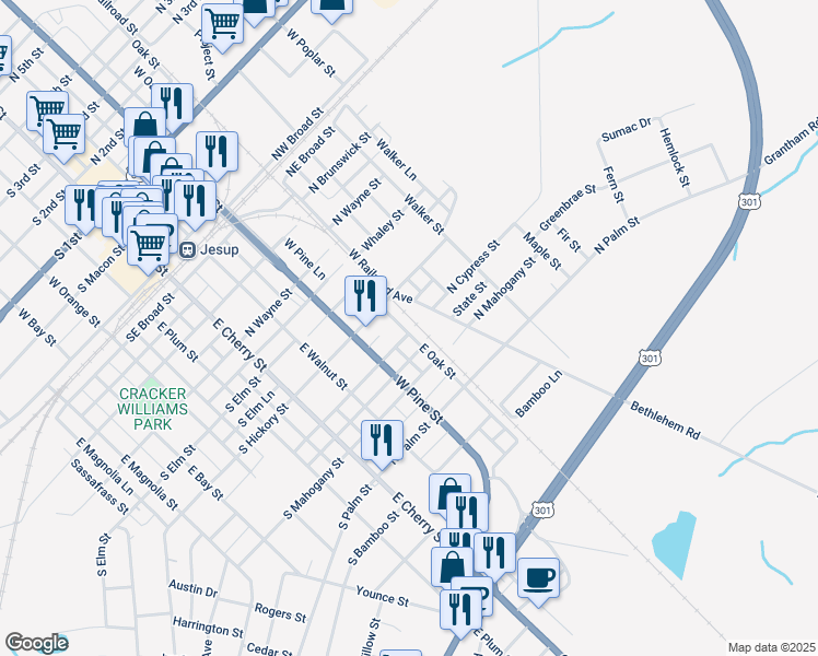 map of restaurants, bars, coffee shops, grocery stores, and more near 595 East Oak Street in Jesup
