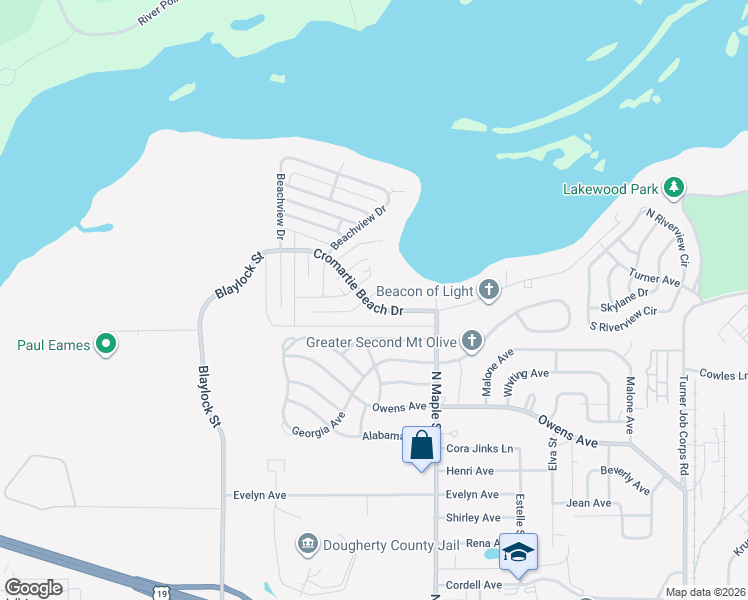 map of restaurants, bars, coffee shops, grocery stores, and more near 1401 Cromartie Beach Drive in Albany