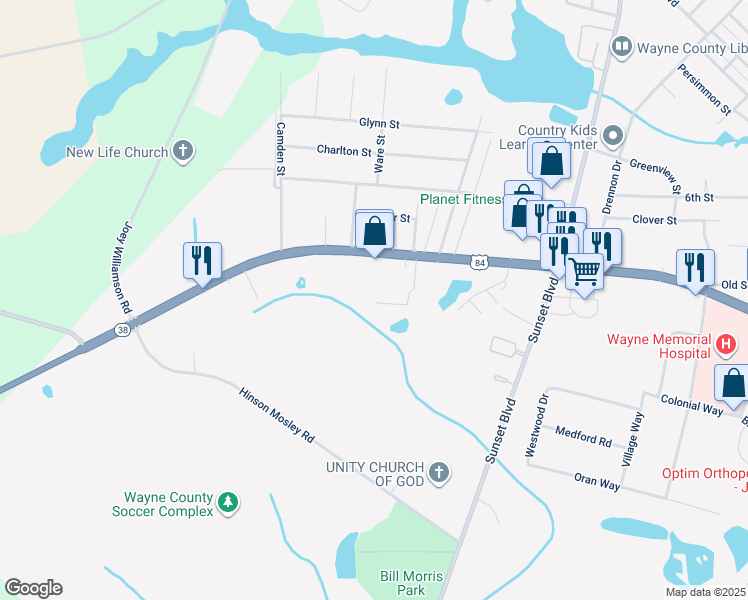 map of restaurants, bars, coffee shops, grocery stores, and more near 89 91 Carmelita Drive in Jesup