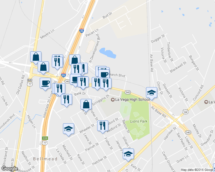 map of restaurants, bars, coffee shops, grocery stores, and more near 600 Texas Loop 340 in Waco