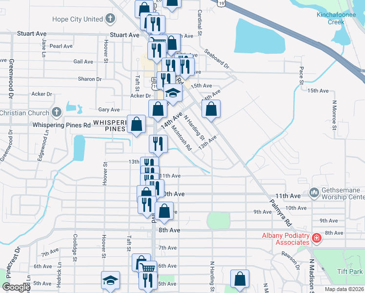 map of restaurants, bars, coffee shops, grocery stores, and more near 2013 McIntosh Road in Albany