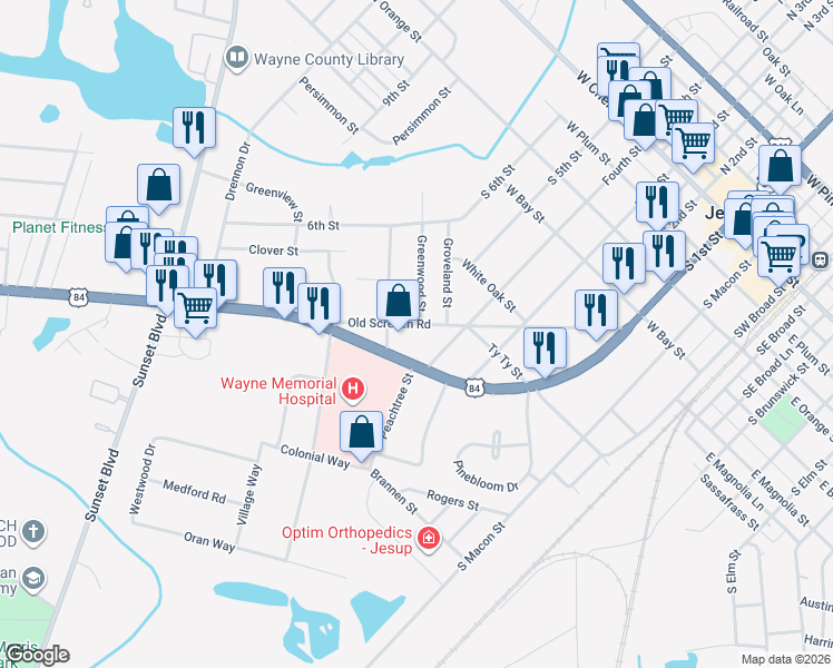 map of restaurants, bars, coffee shops, grocery stores, and more near 743 Old Screven Road in Jesup