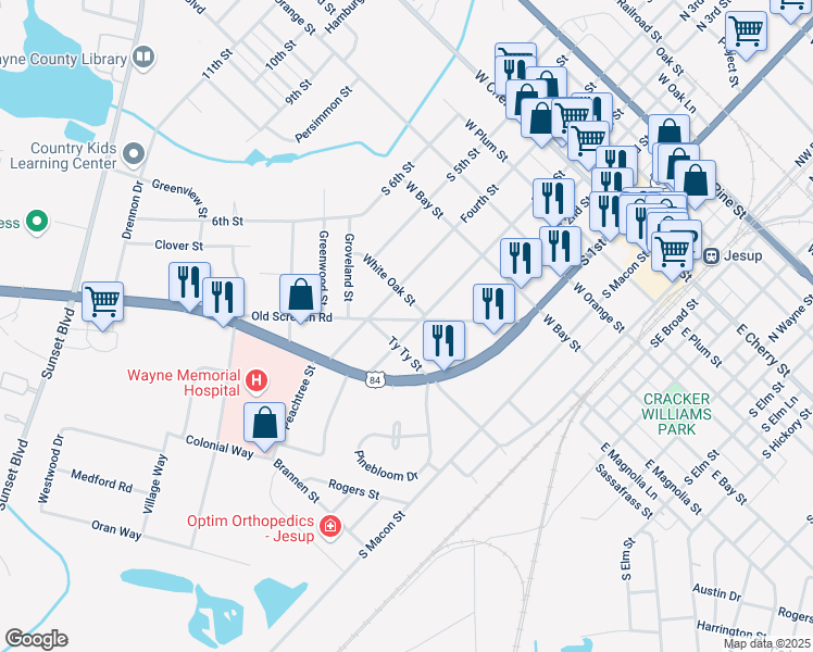 map of restaurants, bars, coffee shops, grocery stores, and more near 608 Old Screven Road in Jesup