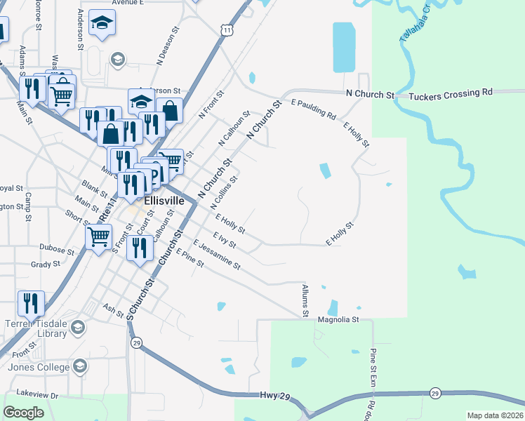 map of restaurants, bars, coffee shops, grocery stores, and more near 201-309 Webb St in Ellisville