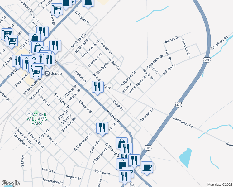 map of restaurants, bars, coffee shops, grocery stores, and more near 595 East Oak Street in Jesup