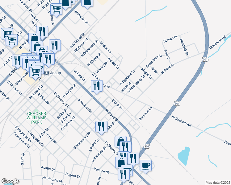 map of restaurants, bars, coffee shops, grocery stores, and more near 595 East Oak Street in Jesup