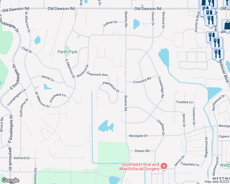 map of restaurants, bars, coffee shops, grocery stores, and more near 3404 Plantation Drive in Albany