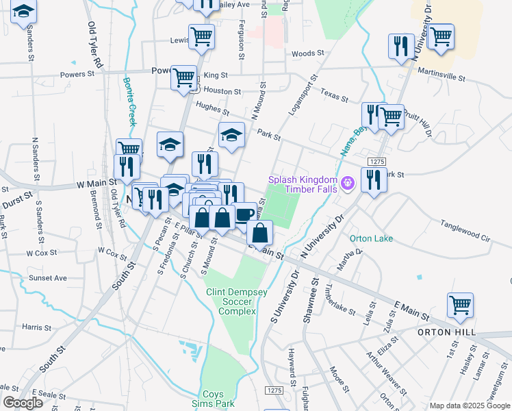 map of restaurants, bars, coffee shops, grocery stores, and more near 609 East Hospital Street in Nacogdoches