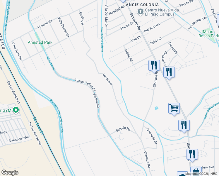 map of restaurants, bars, coffee shops, grocery stores, and more near 11800 Dindinger in Socorro