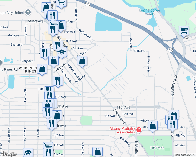 map of restaurants, bars, coffee shops, grocery stores, and more near 1904 Palmyra Road in Albany