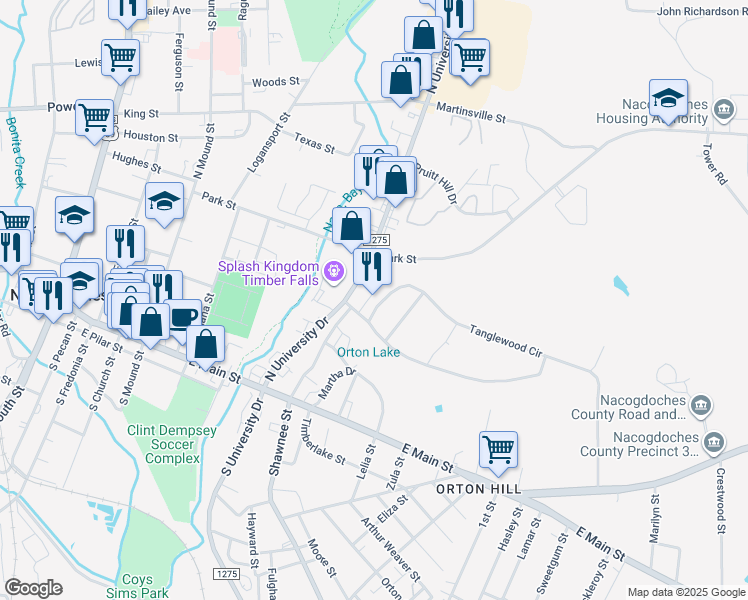 map of restaurants, bars, coffee shops, grocery stores, and more near 342 North University Drive in Nacogdoches