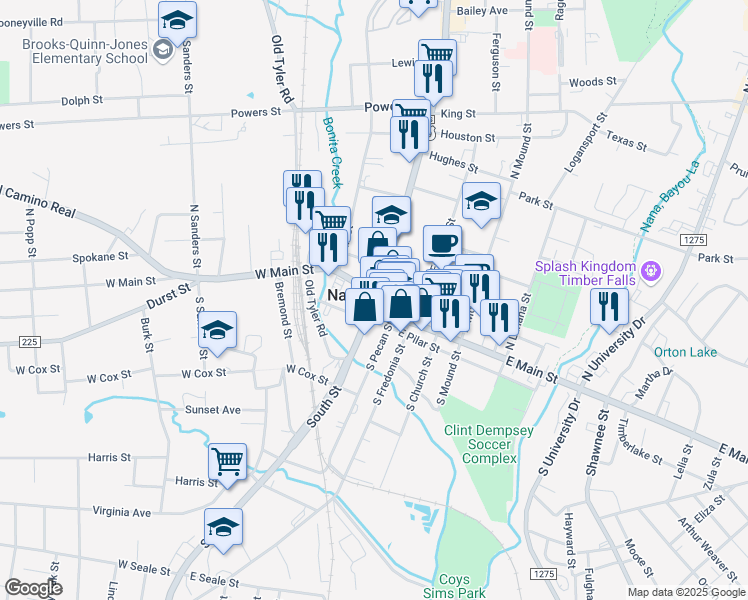map of restaurants, bars, coffee shops, grocery stores, and more near 112 South Street in Nacogdoches