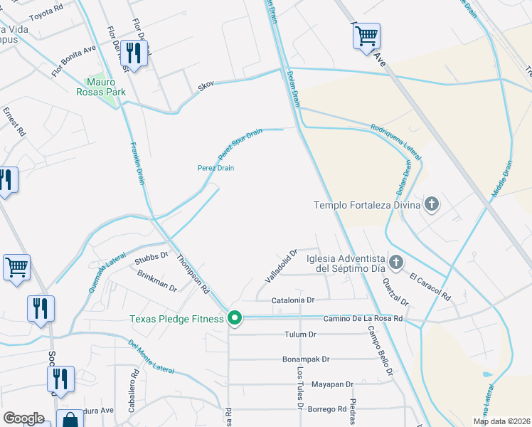 map of restaurants, bars, coffee shops, grocery stores, and more near 12100 Valladolid Drive in San Elizario