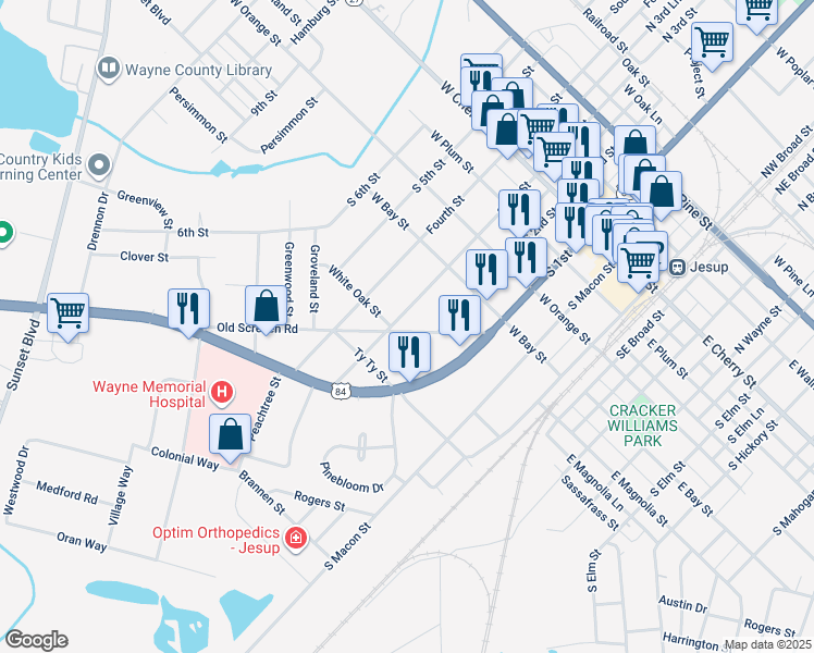 map of restaurants, bars, coffee shops, grocery stores, and more near 590 Old Screven Road in Jesup