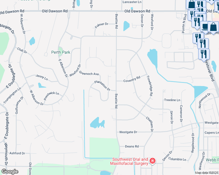 map of restaurants, bars, coffee shops, grocery stores, and more near 3404 Plantation Drive in Albany