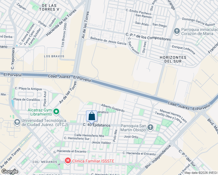 map of restaurants, bars, coffee shops, grocery stores, and more near Av Manuel Talamas Camandari in Ciudad Juarez