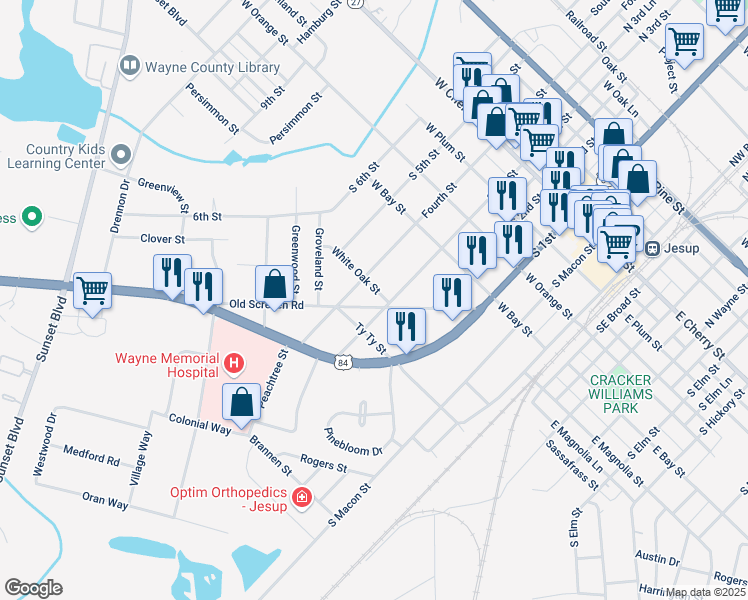 map of restaurants, bars, coffee shops, grocery stores, and more near 608 Old Screven Road in Jesup