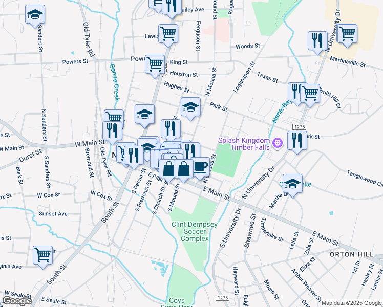 map of restaurants, bars, coffee shops, grocery stores, and more near 1803 Sunnybrook Street in Nacogdoches