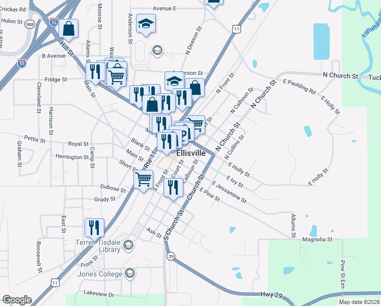 map of restaurants, bars, coffee shops, grocery stores, and more near in Ellisville