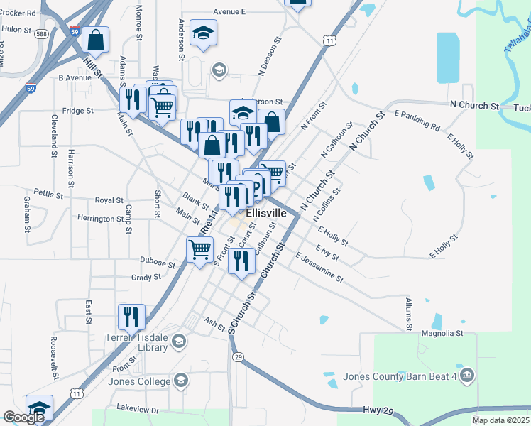 map of restaurants, bars, coffee shops, grocery stores, and more near in Ellisville