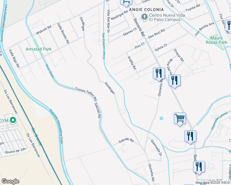 map of restaurants, bars, coffee shops, grocery stores, and more near 11800 Dindinger in Socorro