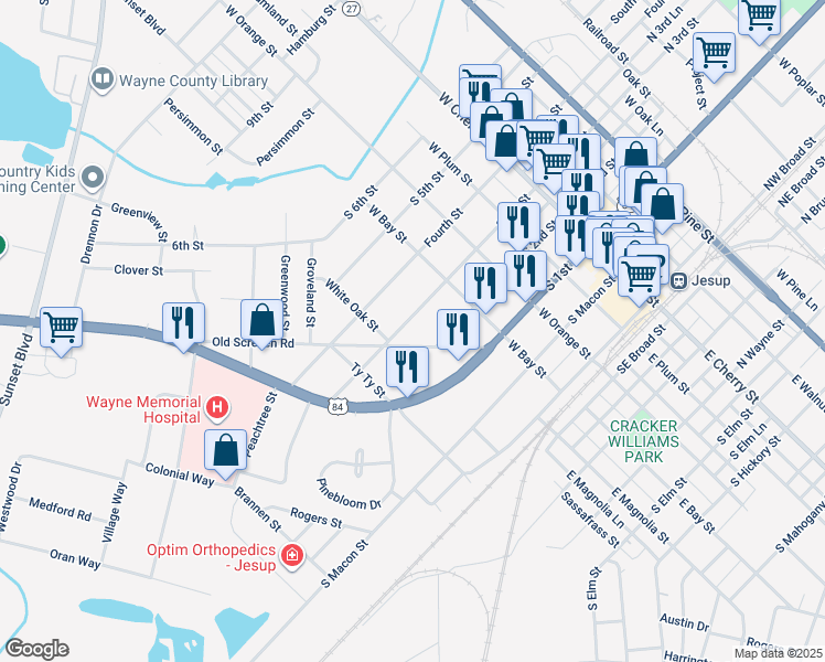 map of restaurants, bars, coffee shops, grocery stores, and more near 590 Old Screven Road in Jesup
