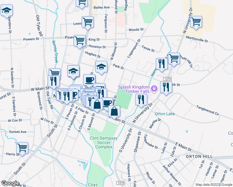 map of restaurants, bars, coffee shops, grocery stores, and more near North Lanana Street in Nacogdoches