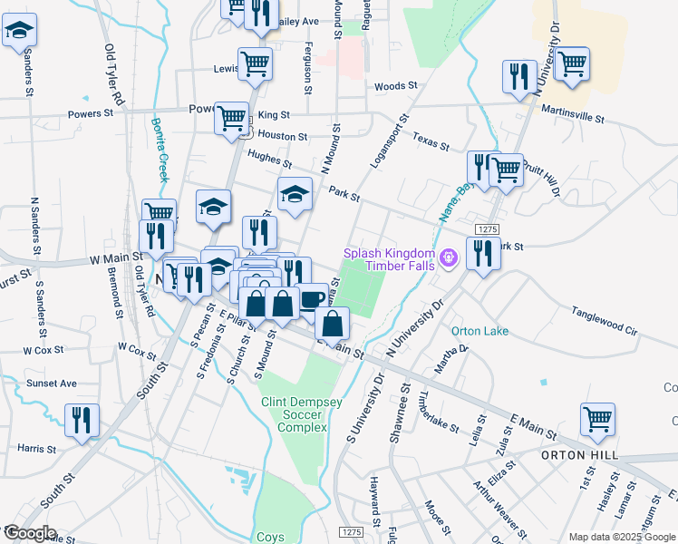 map of restaurants, bars, coffee shops, grocery stores, and more near North Lanana Street in Nacogdoches