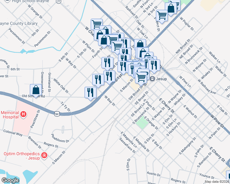 map of restaurants, bars, coffee shops, grocery stores, and more near in Jesup