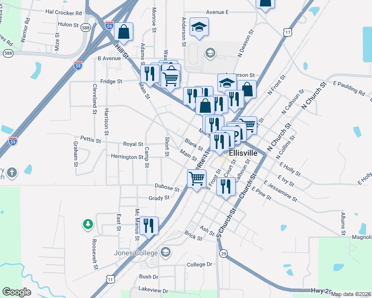 map of restaurants, bars, coffee shops, grocery stores, and more near 400-498 Blank Street in Ellisville