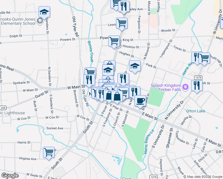 map of restaurants, bars, coffee shops, grocery stores, and more near 820 4th Street in Nacogdoches