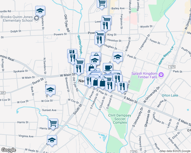 map of restaurants, bars, coffee shops, grocery stores, and more near 101-199 E Hospital St in Nacogdoches