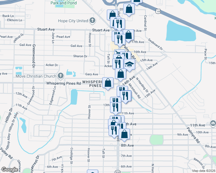 map of restaurants, bars, coffee shops, grocery stores, and more near 1111 Whispering Pines Road in Albany