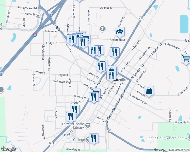 map of restaurants, bars, coffee shops, grocery stores, and more near 400 Blank Street in Ellisville