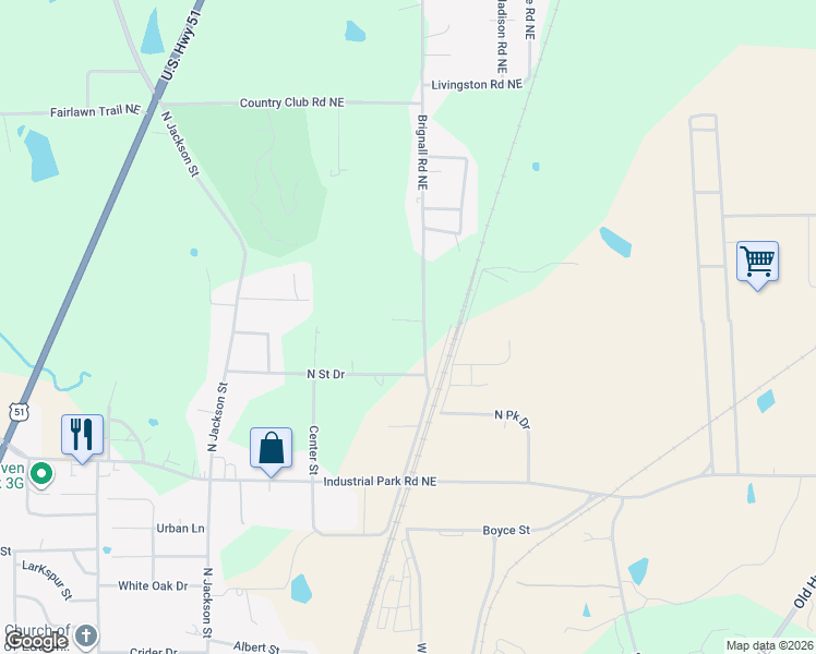 map of restaurants, bars, coffee shops, grocery stores, and more near 1601-1831 Brignall Rd NE in Brookhaven