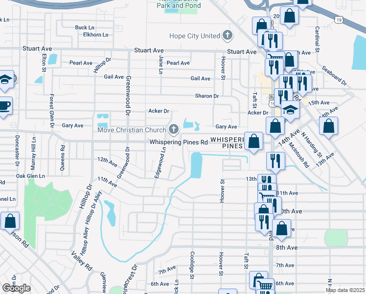 map of restaurants, bars, coffee shops, grocery stores, and more near 1320 Whispering Pines Road in Albany