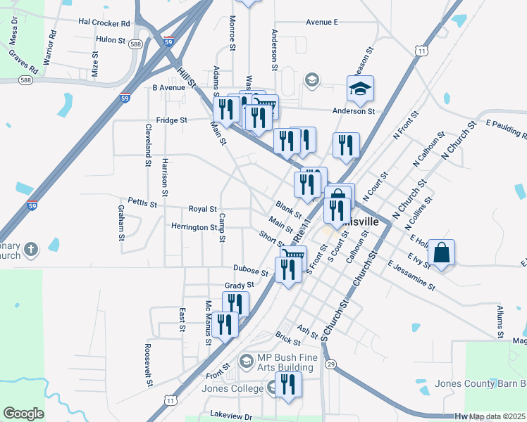 map of restaurants, bars, coffee shops, grocery stores, and more near 202 Short Street in Ellisville