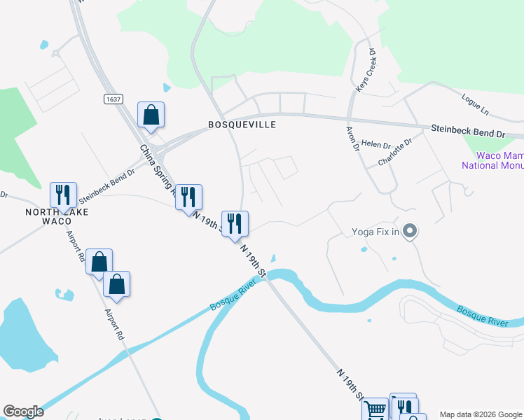 map of restaurants, bars, coffee shops, grocery stores, and more near 6509 Lapis Drive in Waco