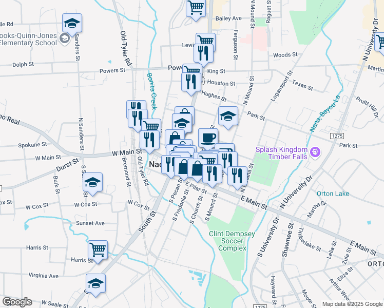 map of restaurants, bars, coffee shops, grocery stores, and more near 199 East Hospital Street in Nacogdoches