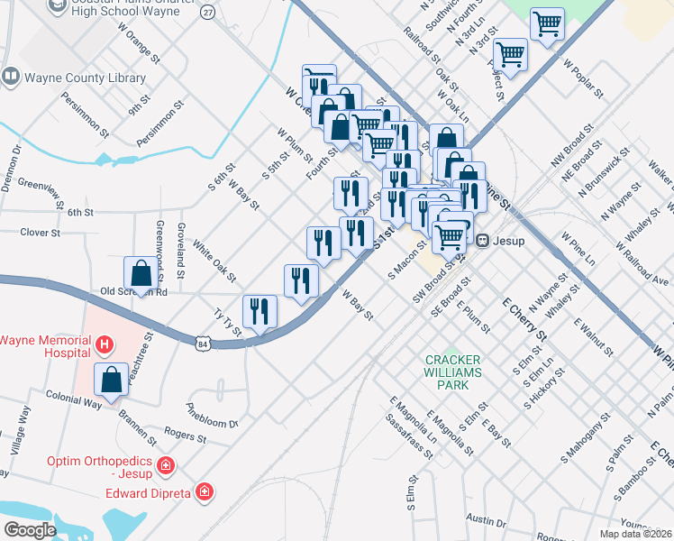 map of restaurants, bars, coffee shops, grocery stores, and more near 348 South 1st Street in Jesup