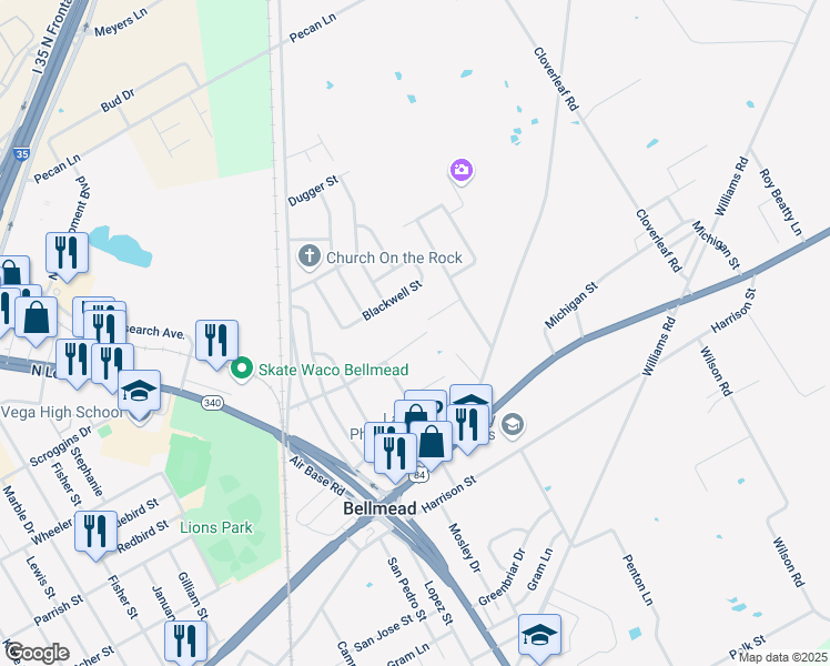 map of restaurants, bars, coffee shops, grocery stores, and more near 1200 Bongard Circle in Waco