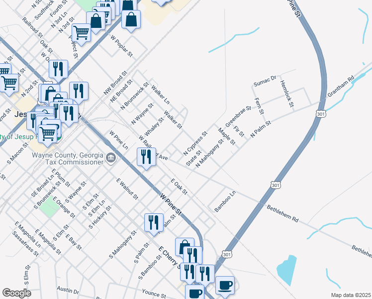 map of restaurants, bars, coffee shops, grocery stores, and more near 617 North Cypress Street in Jesup