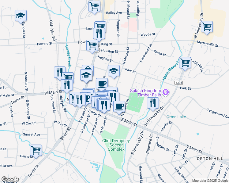 map of restaurants, bars, coffee shops, grocery stores, and more near 310 North Mound Street in Nacogdoches