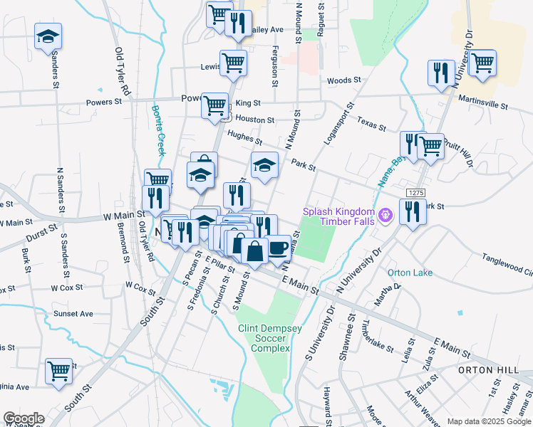 map of restaurants, bars, coffee shops, grocery stores, and more near 310 North Mound Street in Nacogdoches