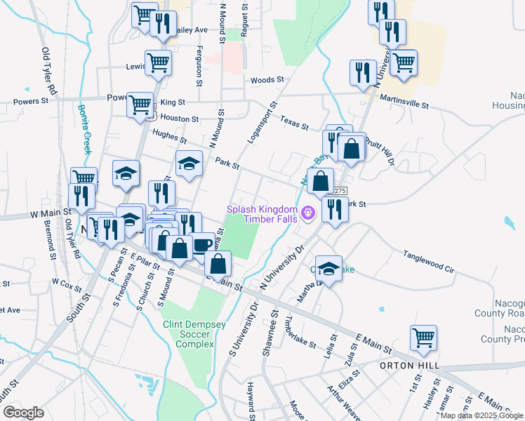 map of restaurants, bars, coffee shops, grocery stores, and more near 814 Gene Street in Nacogdoches